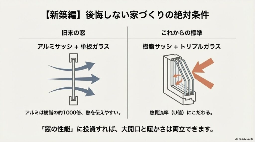 熱を伝えやすいアルミサッシ単板ガラスと、断熱性の高い樹脂サッシトリプルガラスの構造比較イラスト