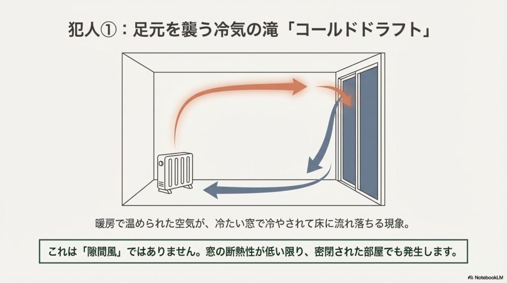 暖められた空気が冷たい窓で冷やされ、床に冷気として流れ落ちるコールドドラフト現象の解説図