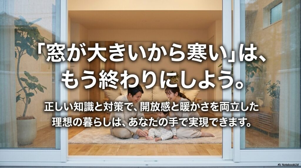 正しい断熱対策を行うことで、大きな窓の開放感と暖かさを両立した快適な暮らしのイメージ