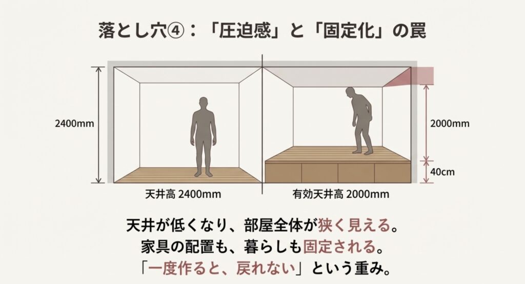 小上がり設置時の天井高比較図。有効天井高2000mmによる圧迫感と部屋の狭さ