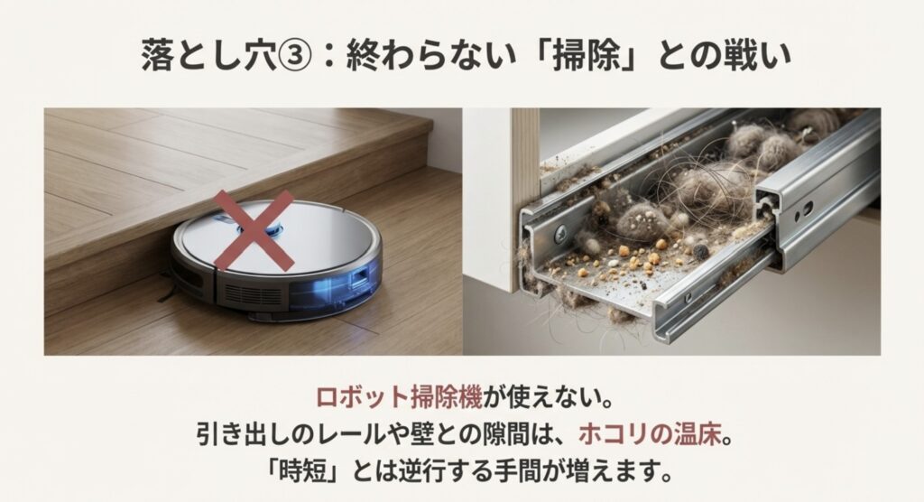 小上がりはロボット掃除機が使えない。レールの隙間に溜まるゴミと掃除の手間