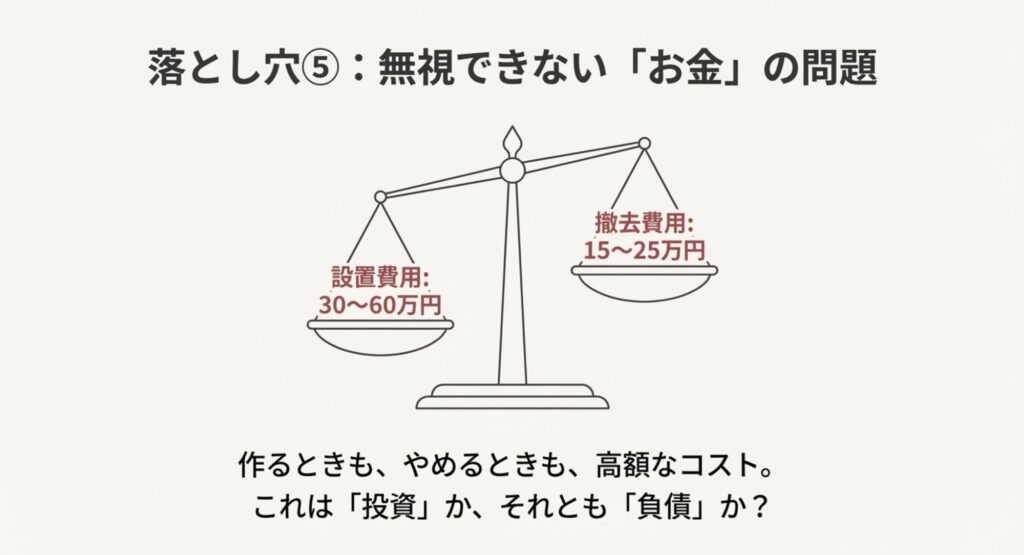 小上がりの設置費用と撤去費用の比較。将来的なコスト負担を表す天秤のイラスト