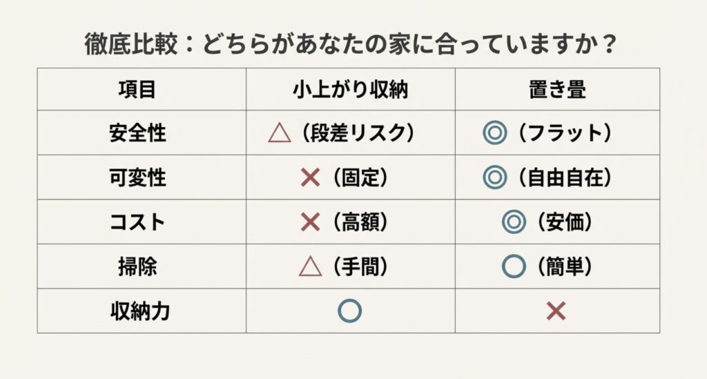 小上がり収納と置き畳の徹底比較表。安全性、可変性、コスト、掃除のしやすさの違い
