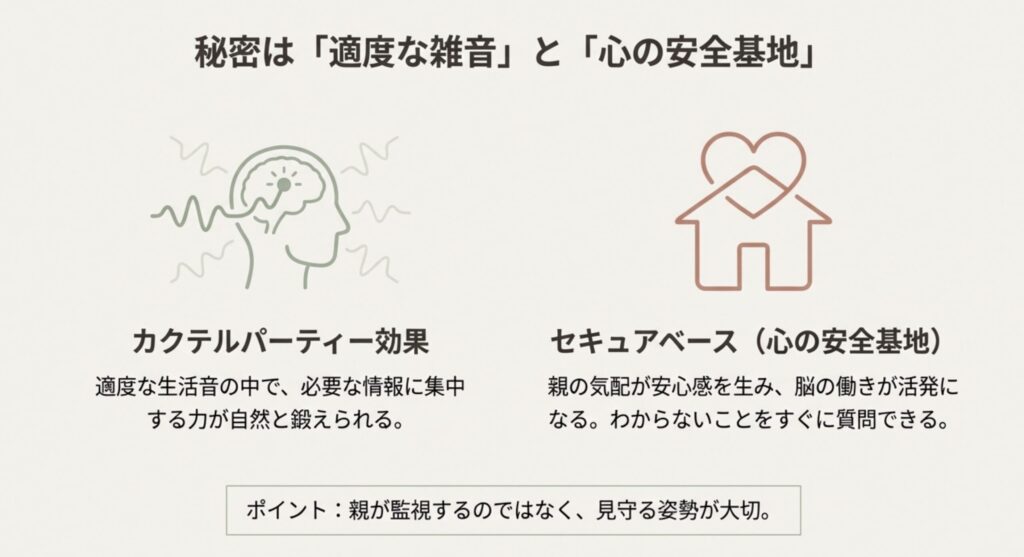 リビング学習のカクテルパーティー効果とセキュアベース（心の安全基地）の図解