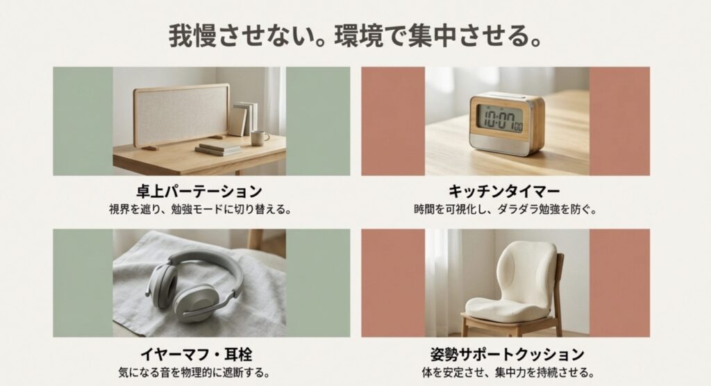 集中力を高める便利グッズ（パーテーション・タイマー・耳栓・クッション）