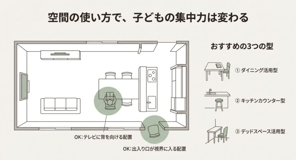 狭い家でも可能なリビング学習のレイアウト3パターン（ダイニング・カウンター・デッドスペース）
