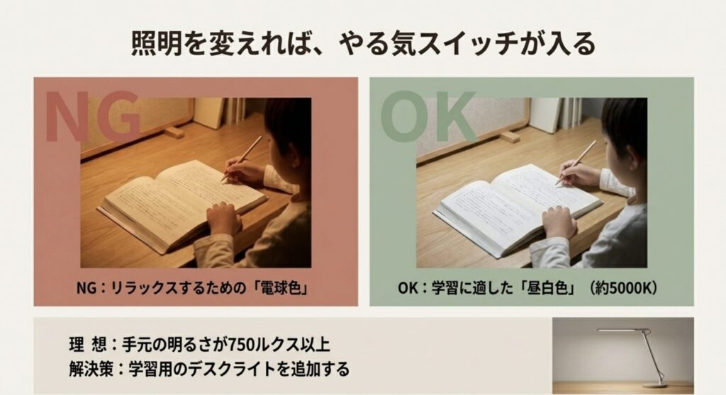 学習に適した照明の色温度（昼白色）とNGな電球色の比較