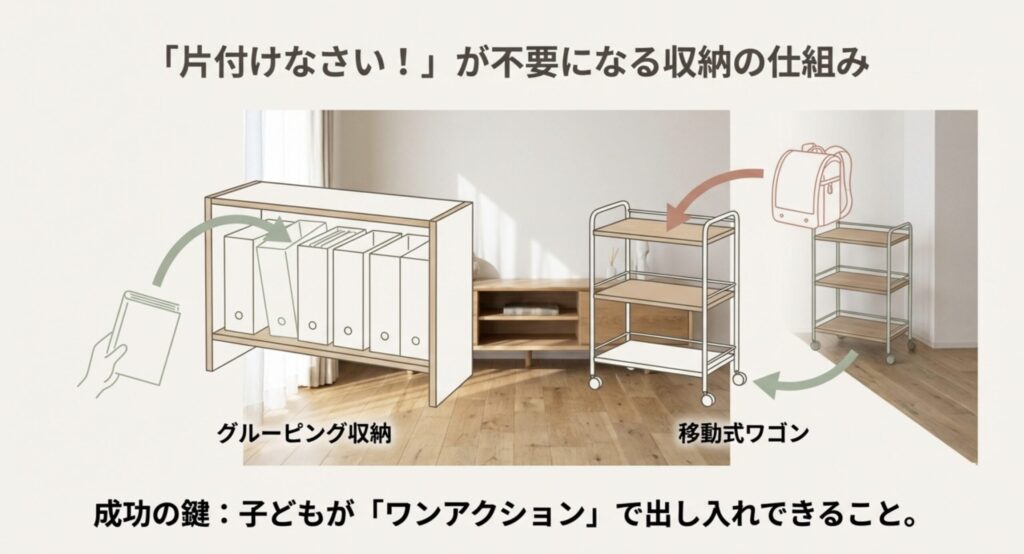片付けが楽になるグルーピング収納と移動式ワゴンの活用イメージ