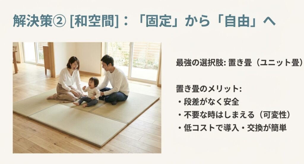 置き畳（ユニット畳）のリビング活用例。段差がなく安全で可変性のある和空間