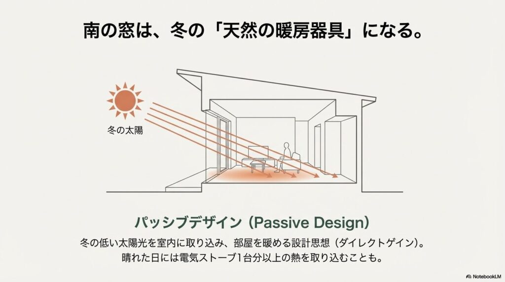 冬の低い太陽光を室内に取り込み、天然の暖房として利用するパッシブデザインの断面図