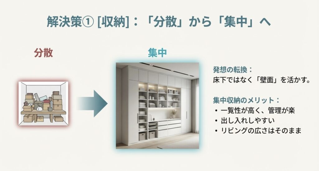 小上がり収納の代替案。床下分散収納より壁面集中収納が使いやすい理由