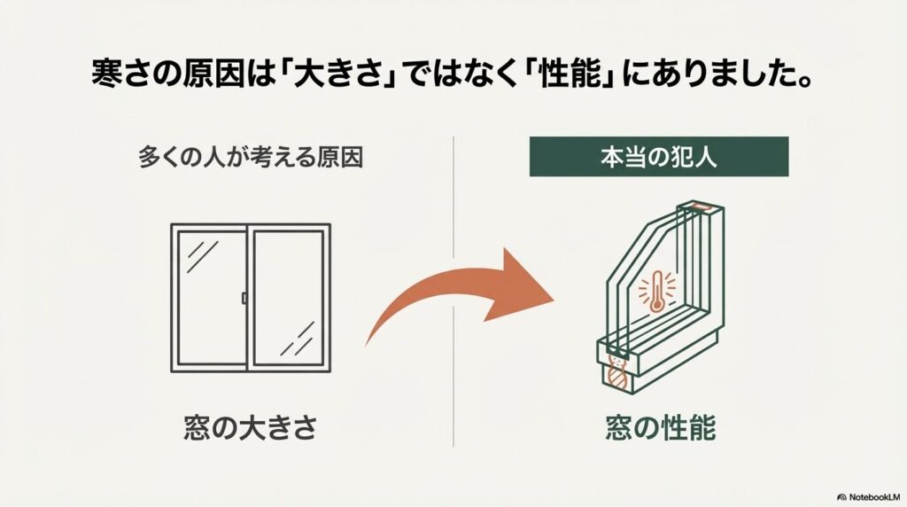 多くの人が窓の大きさが寒さの原因と考えるが、実際は窓の性能が本当の原因であることを示す比較図