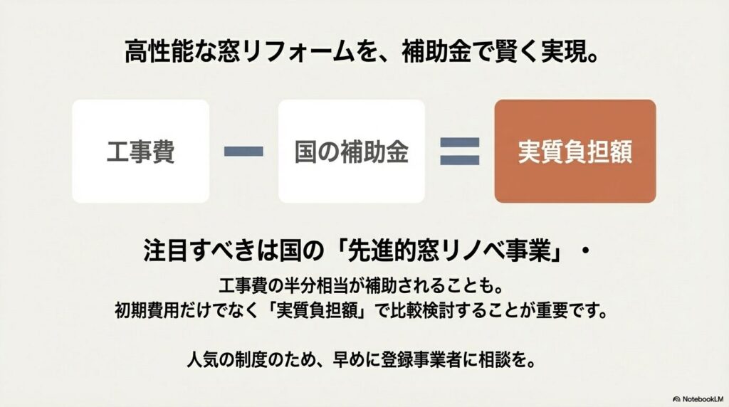 先進的窓リノベ事業などの補助金を活用することで、窓リフォームの工事費負担が大幅に軽減されるイメージ図