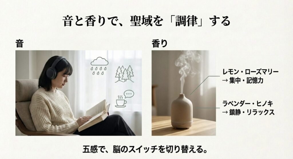 ヘッドホンとアロマディフューザーを使った五感のコントロールイメージ
