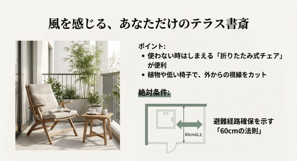 ベランダに椅子を置くテラス書斎と避難経路確保（60cmの法則）の図