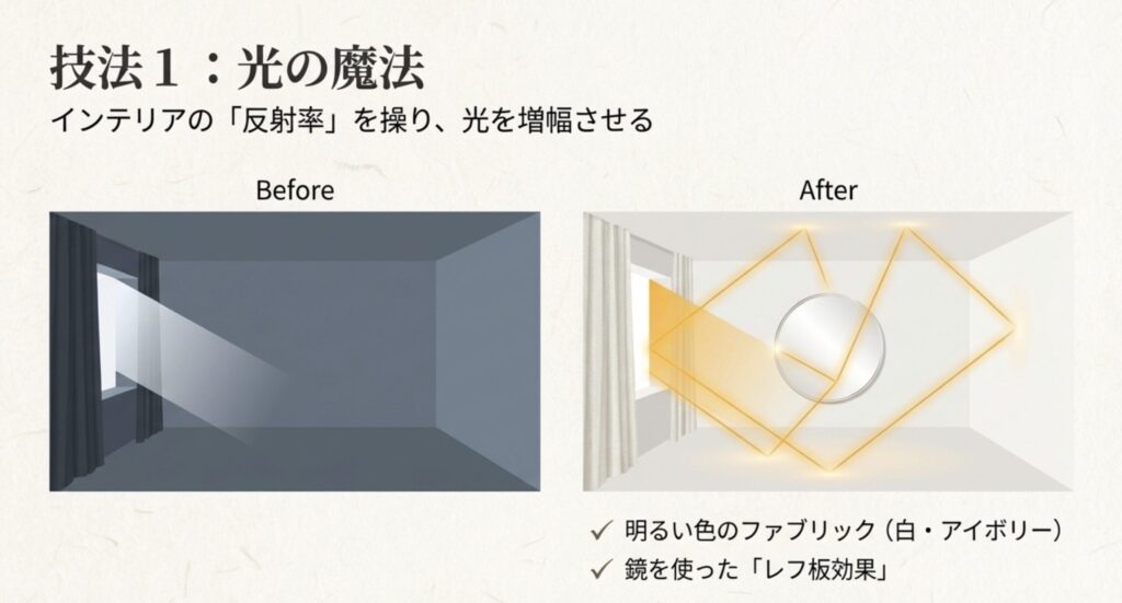 暗い部屋を明るくするインテリアの反射テクニック。白いファブリックと鏡を使ったビフォーアフター図解