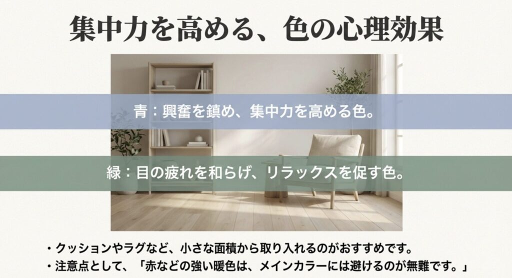集中力を高める青とリラックスする緑の色彩心理効果一覧
