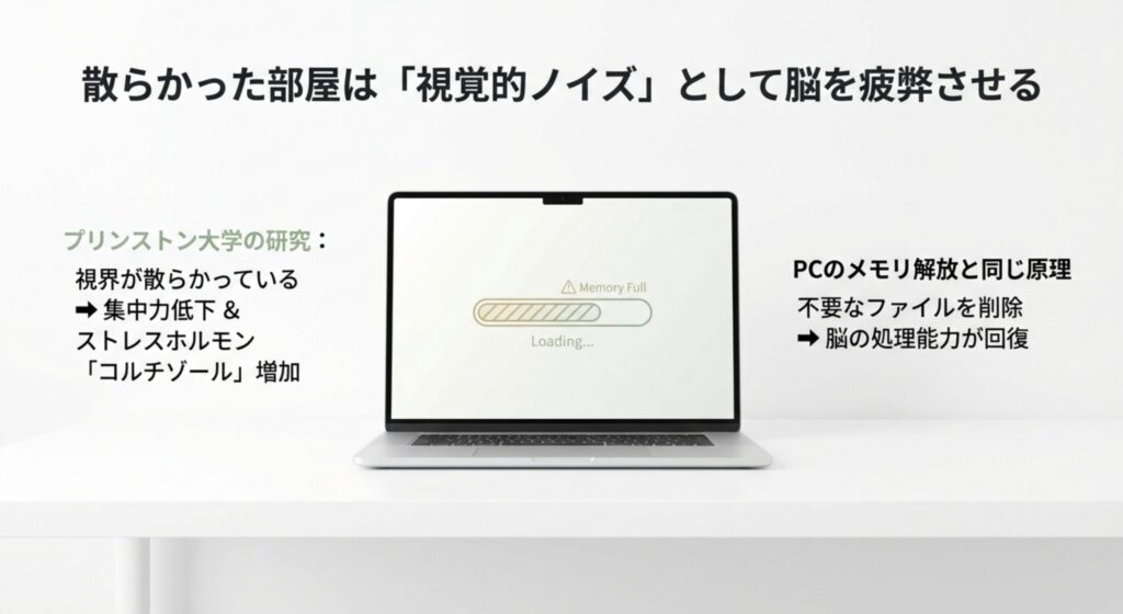 散らかった部屋が視覚的ノイズとなり、脳のメモリを消費してストレスホルモン(コルチゾール)を増加させる研究結果とメカニズム。