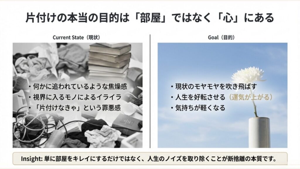 断捨離の目的と効果。現状の焦燥感やイライラを解消し、人生を好転させ運気を上げるという断捨離の本質的なゴールとインサイト。
