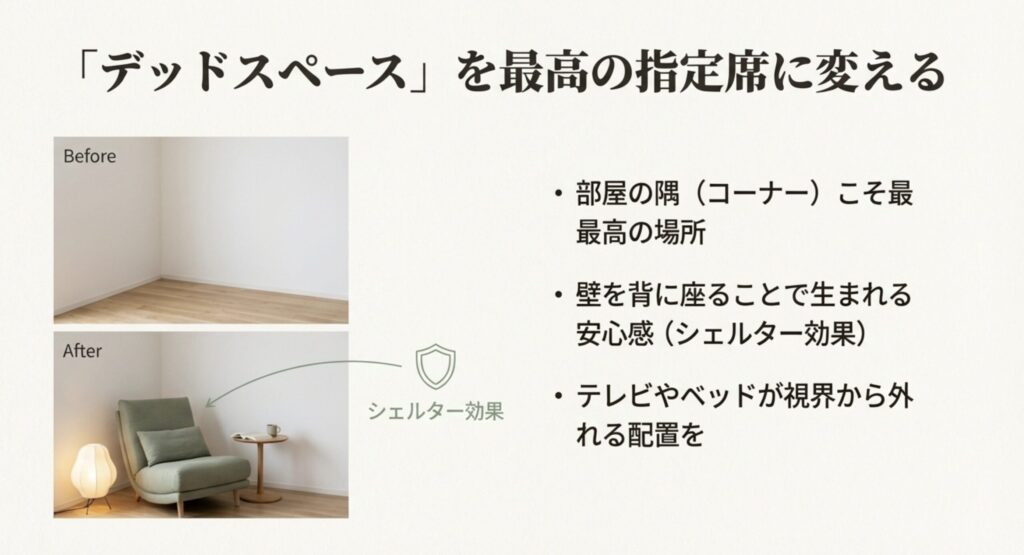 部屋の隅（デッドスペース）を活用した読書コーナーのビフォーアフターとシェルター効果