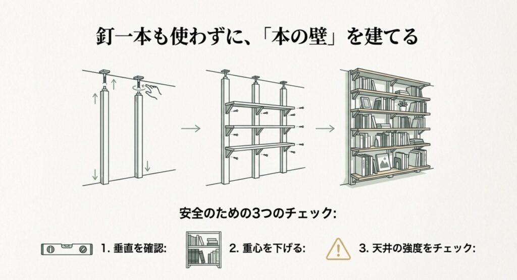 釘を使わずにツーバイフォー材で壁面本棚を作る手順と安全チェック