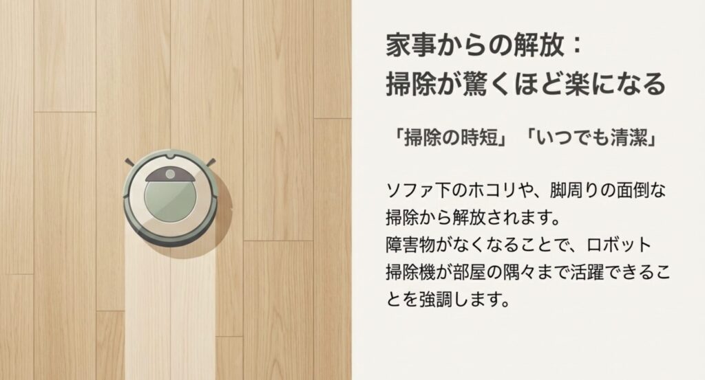 ソファ下のホコリがなくなり、ロボット掃除機が部屋の隅々まで掃除できる衛生的な環境