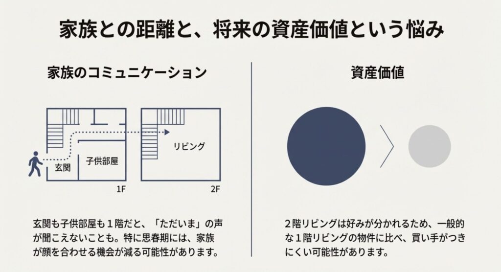 1階リビングと2階リビングの子供部屋への帰宅動線比較図