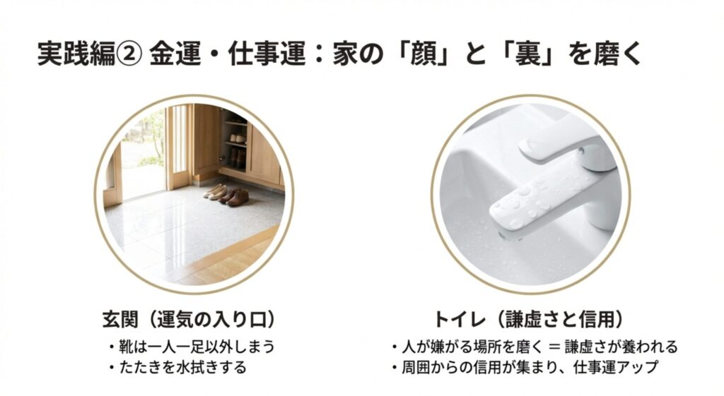 金運と仕事運を上げるための家の「顔(玄関)」と「裏(トイレ)」の掃除ポイント。靴の整理や水拭き、トイレ磨きの効果。