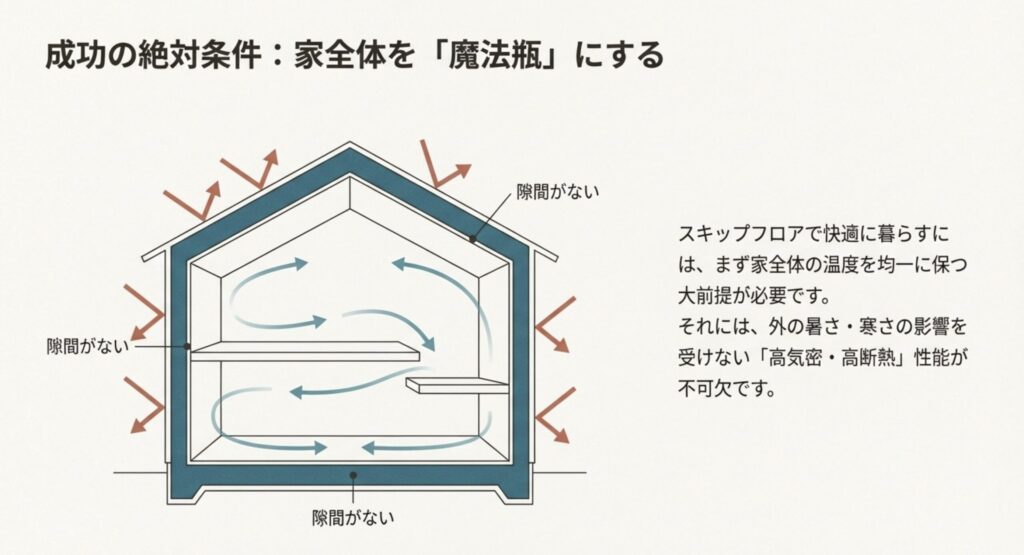 家全体を断熱材で包み込み隙間をなくすことで、温度ムラを解消する高気密高断熱住宅の断面図。