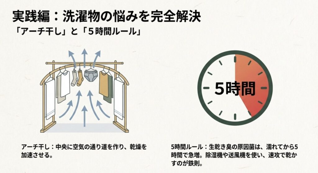 洗濯物を早く乾かすアーチ干しの空気の流れと、生乾き臭を防ぐ5時間ルールの解説図