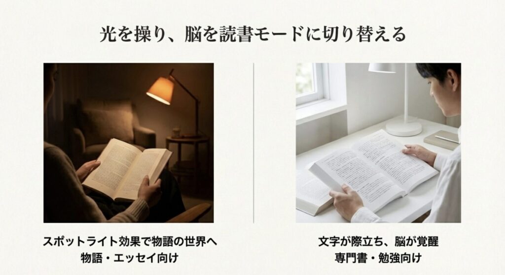 読書モードに切り替える照明の光とスポットライト効果のイメージ