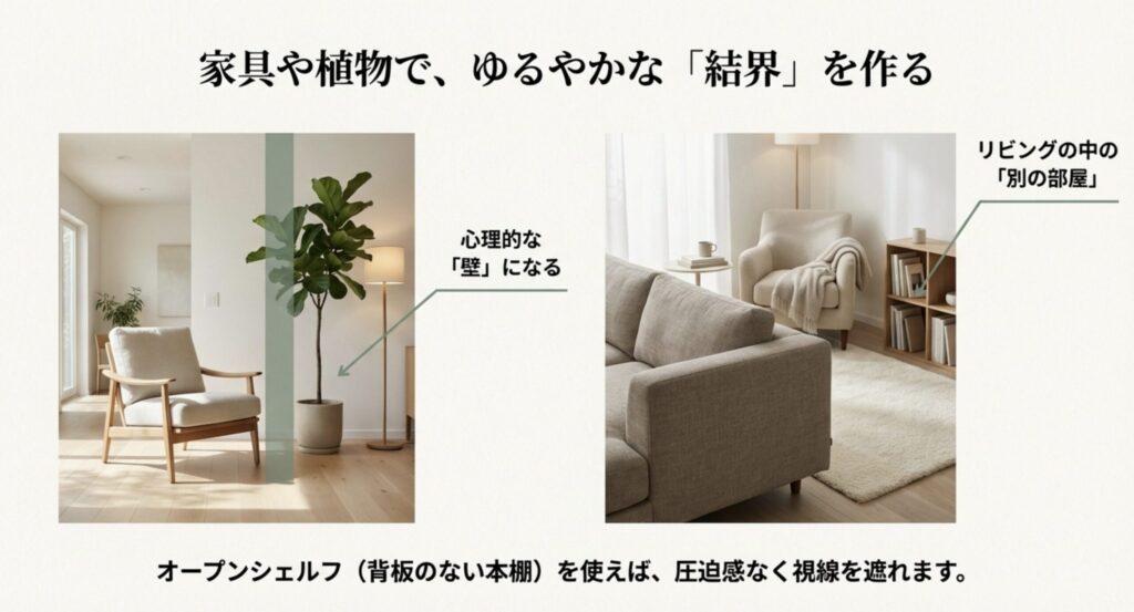 家具や観葉植物を使ってリビング内に結界を作るレイアウト例
