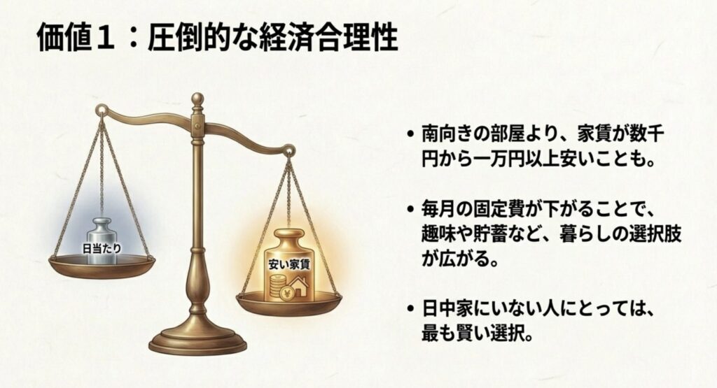 日当たりと安い家賃を天秤にかけ、経済的なメリットを表現したイラスト