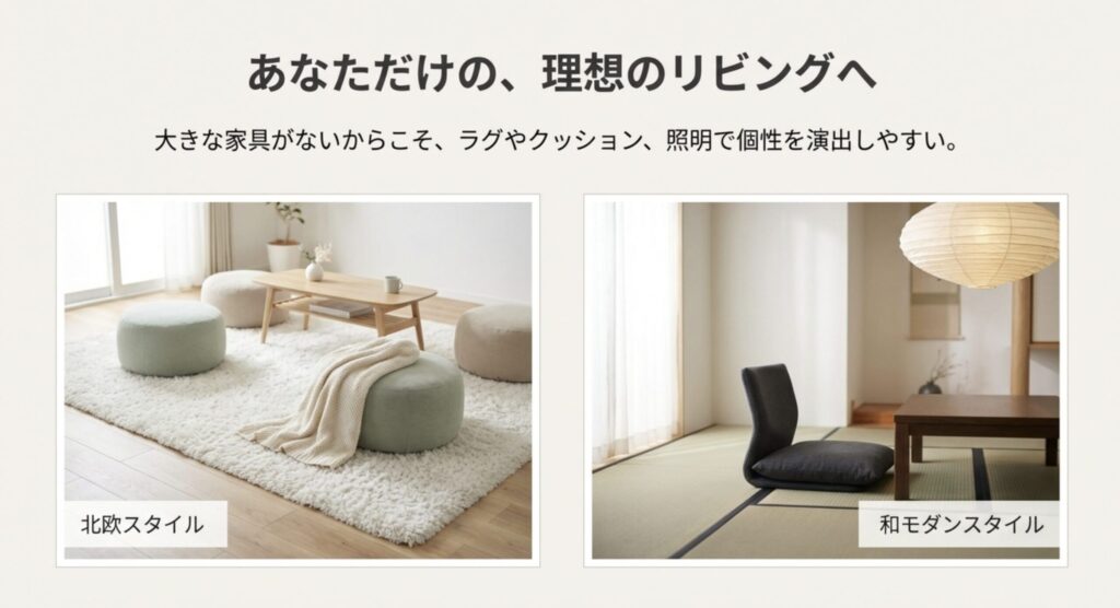 ラグやクッションを活用した北欧スタイルと、座椅子を合わせた和モダンスタイルのリビングレイアウト例