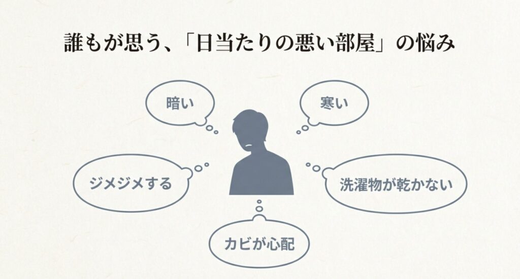 日当たりの悪い部屋でよくある5つの悩み（暗い、寒い、ジメジメ、カビ、洗濯物が乾かない）のイラスト