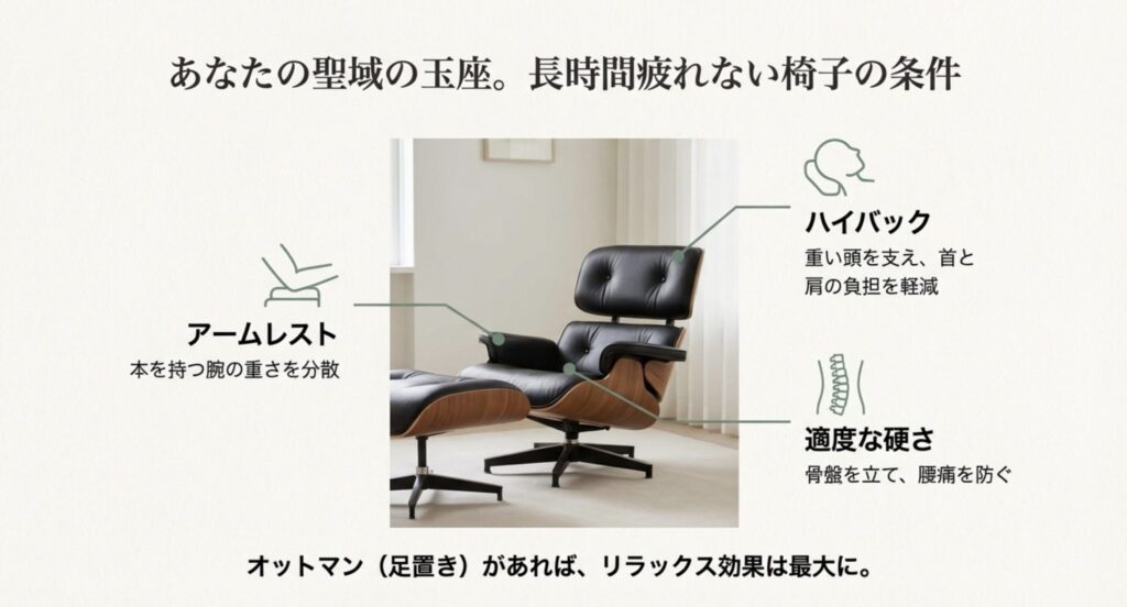 読書に最適な椅子の条件（アームレスト・ハイバック・オットマン）の解説図