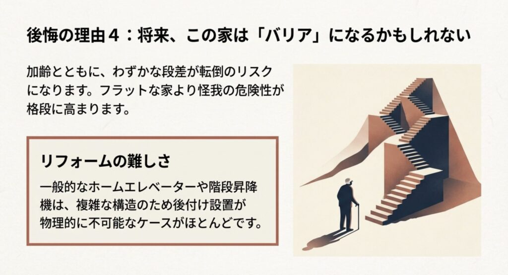 加齢とともに段差がつまずきの原因になる様子と、リフォームの難しさを解説したイラスト。