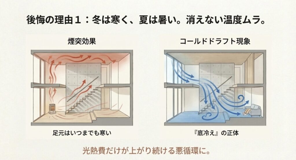 暖かい空気が上昇し、冷たい空気が階段を伝って降りてくるコールドドラフト現象と煙突効果の図解。
