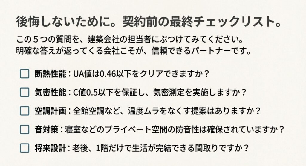 断熱性能UA値0.46以下、気密測定の実施、全館空調など、建築会社に確認すべき5つの重要項目リスト。