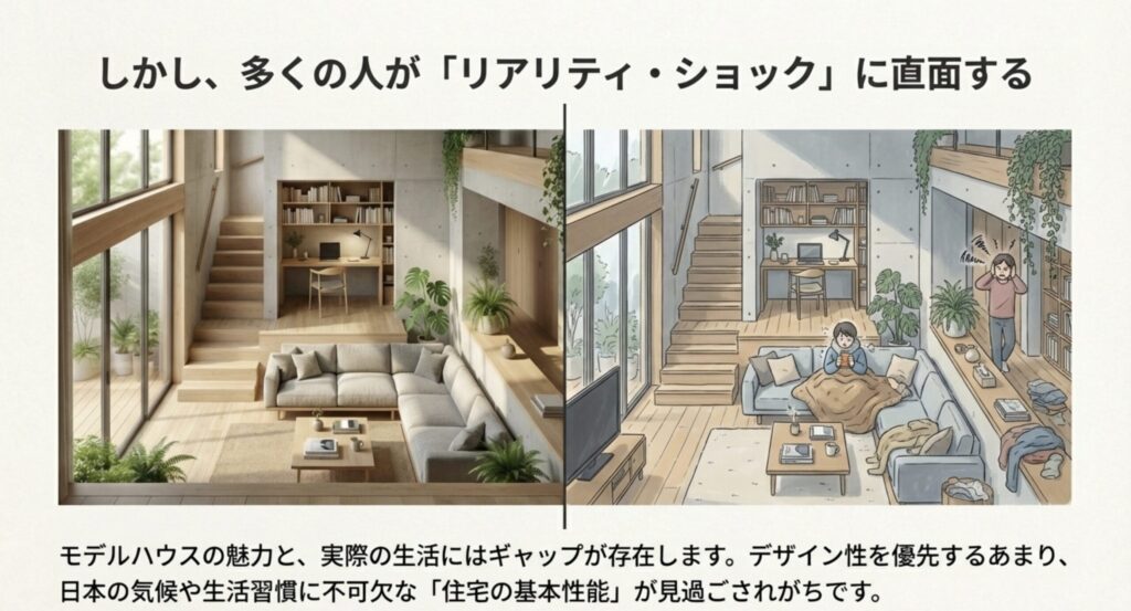 モデルハウスの明るいイメージと、実際に生活した際の寒さや音の問題を描いたリアリティ・ショックの比較図。