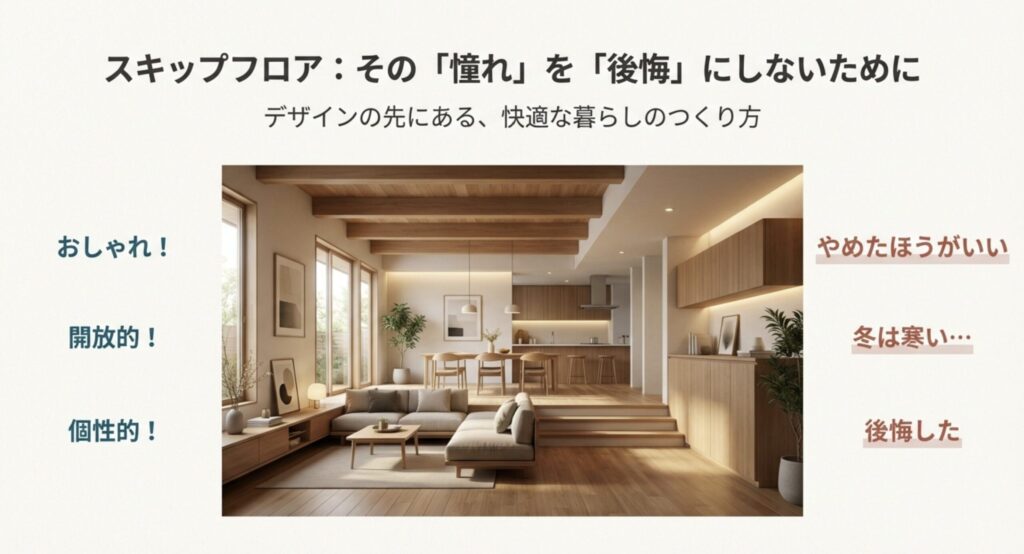 おしゃれで開放感のあるスキップフロアのリビングデザイン。後悔しないための設計術。