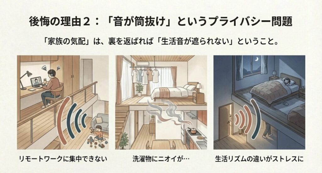リモートワーク中の音漏れや料理のニオイが拡散する様子を描いた、スキップフロアのデメリットイラスト。
