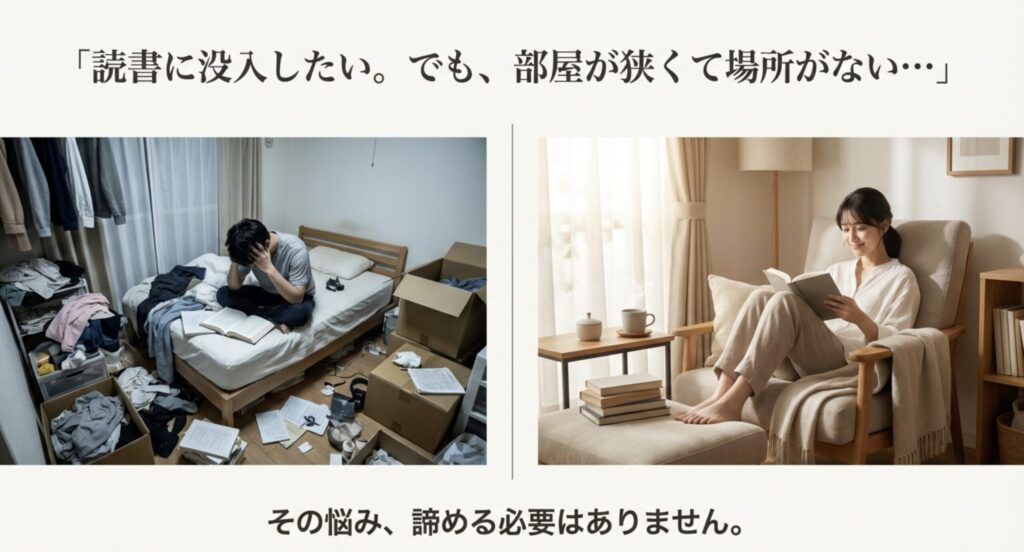 狭い部屋でも読書に没入できる空間作りのイメージと悩み解決のメッセージ