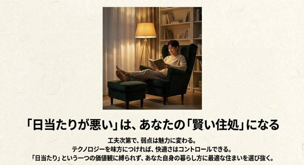間接照明のある落ち着いた部屋で読書をしてくつろぐ様子。日当たりの悪さを賢く活かす暮らし
