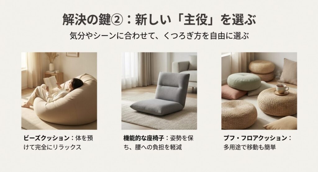 気分に合わせて選べるビーズクッション、機能的な座椅子、プフなどのソファ代替アイテム