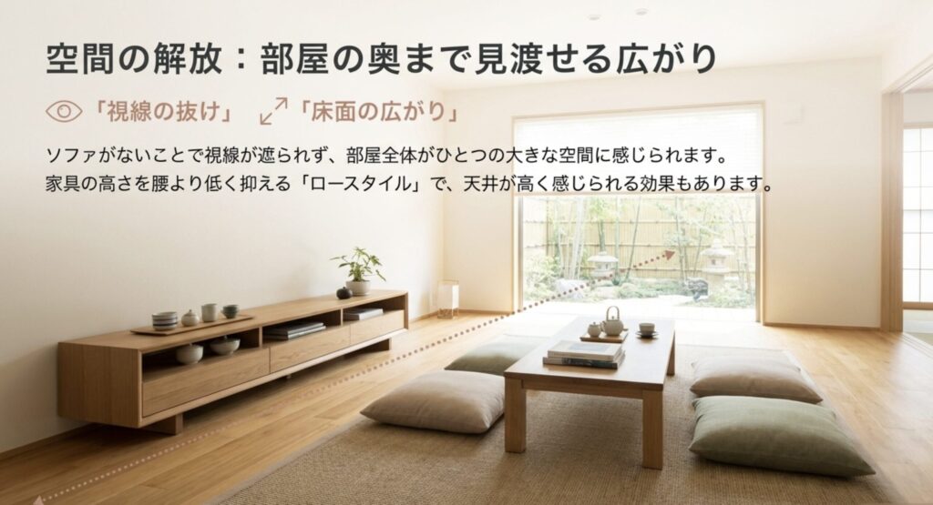 背の高いソファをなくしロースタイルにすることで、天井が高く部屋が広く感じる視覚効果