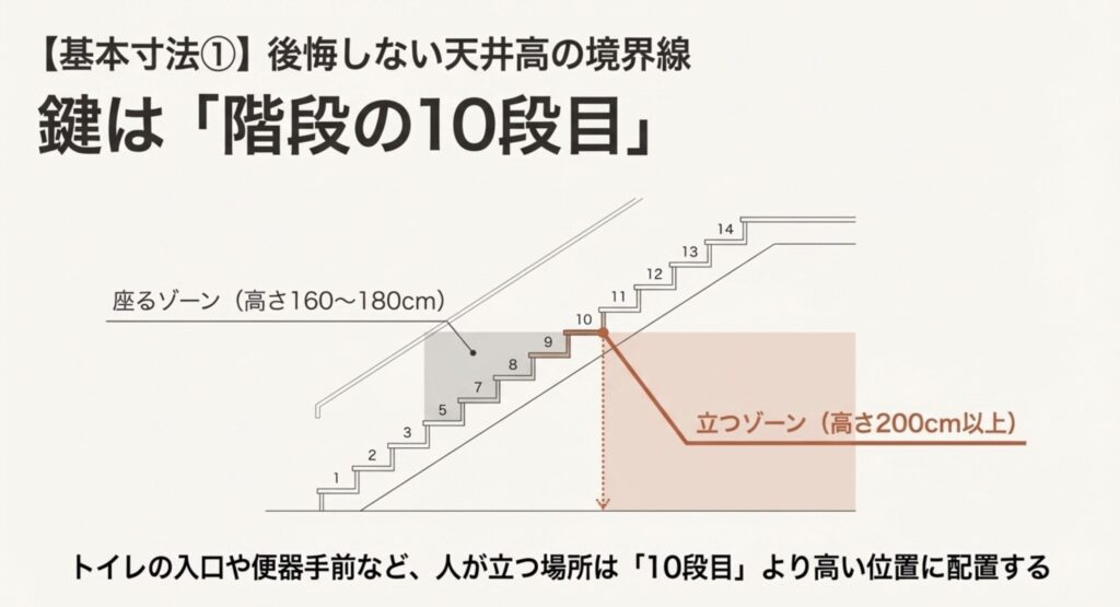 階段の10段目を境にした座るゾーンと立つゾーンの天井高シミュレーション図