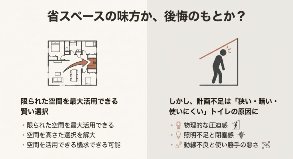 階段下トイレの間取り配置図と天井に頭をぶつける失敗例のイラスト