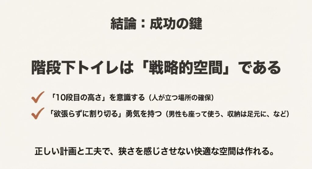 階段下トイレ設計で後悔しないための3つの重要ポイントまとめ