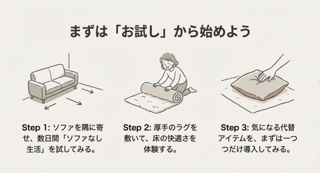 ソファを隅に寄せるお試し期間から、ラグの導入、代替アイテムの購入へと進む失敗しない手順